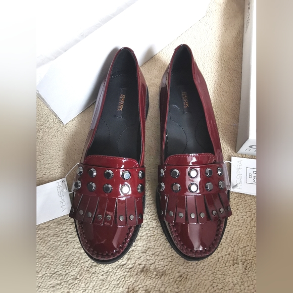 Geox Shoes - Geox Respira Patent Leather Oxblood Loafers Fringe Studs